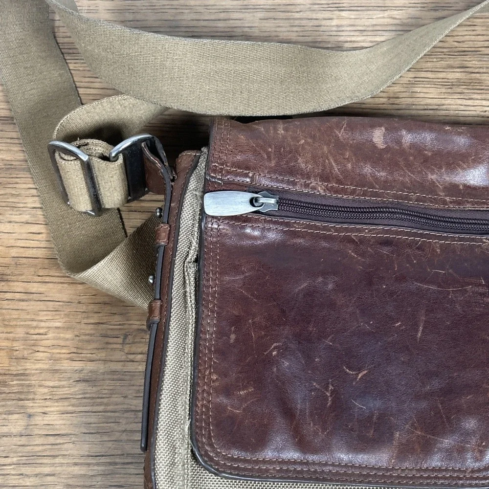 Fossil Messenger Bag‎ Men's Green Brown Nylon Leather Case Carry Distressed